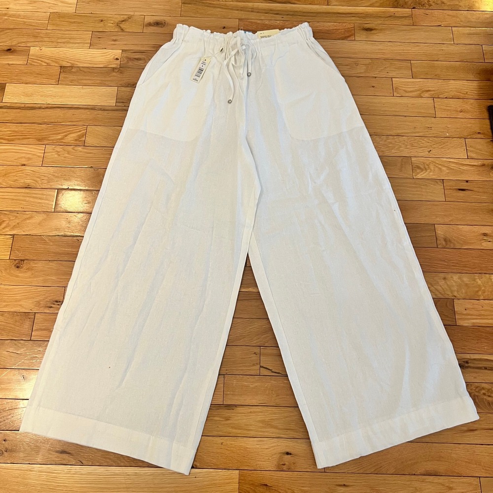 Women's Max Studio London White Linen Blend Wide Leg Trousers Size L‎
